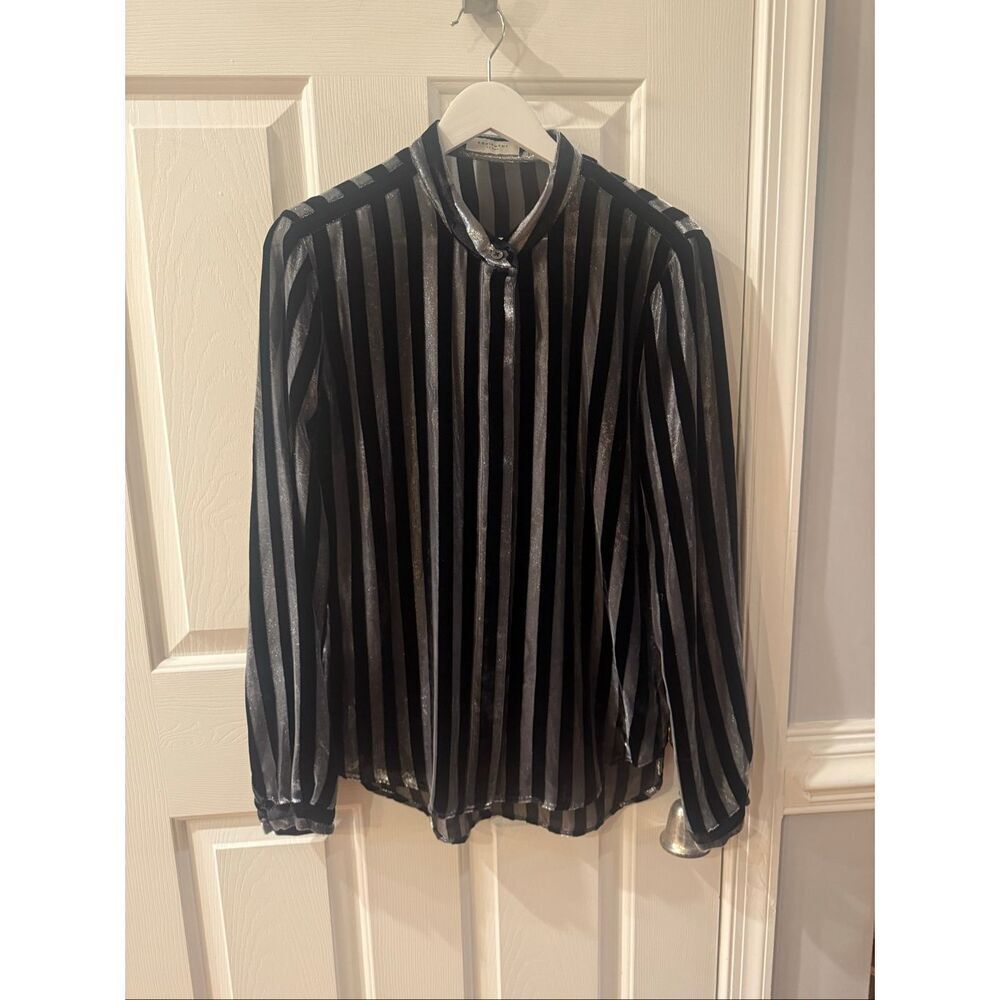 Equipment Femme Black Velvet & Silver Stripe Holiday Button Down sz L EUC
